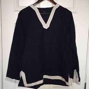 Lands' End Navy Blue 100% Linen Long Sleeve Tunic Top with White Trim | Size L